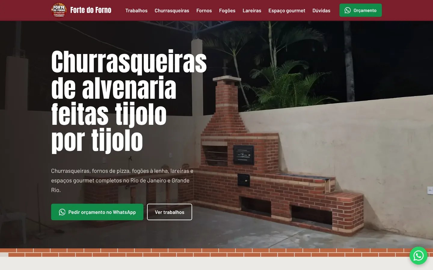 Página inicial do site Forte do Forno, com uma churrasqueira de tijolos e o título "Churrasqueiras de alvenaria feitas tijolo por tijolo"